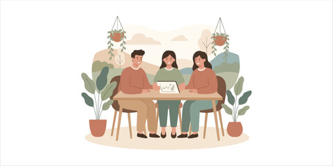 Professionals smiling and collaborating in a modern office environment A minimalist nature-inspired illustration featuring organic shapes, soft earthy tones, and calm botanical elements.