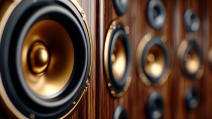 A close-up view of a vintage loudspeaker, emphasizing its classic design and rich wood tones, representing high sound quality and the nostalgia of audio craftsmanship.
