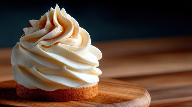 An elegant swirled cupcake presented on a wooden plate, showcasing smooth frosting artistry and inviting colors that beckon enjoyment and celebration in culinary presentation.