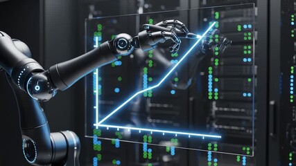 Robot Manipulating Stock Market Growth Chart in Data Center Environment - Powered by Adobe