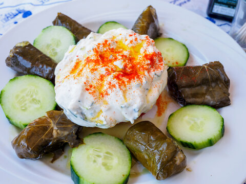 Dolmades with cucumber and tzatziki on plate