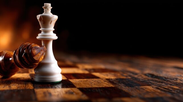A close-up of a chess king, a symbol of strategy, stands tall beside a fallen knight on a wooden chessboard, highlighting the intensity of this classic game.