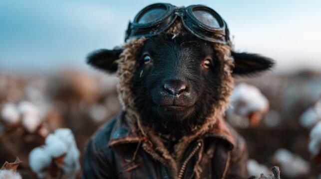 A whimsical sheep wearing goggles and a leather jacket stands proudly in a cotton field, capturing a blend of humor and imagination in a rural setting.