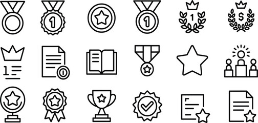 Set of Eighteen Award Achievement Line Icons, Quality Ranking Success Prize Symbols, Minimalist Certification Education Business Honor Vector Collection