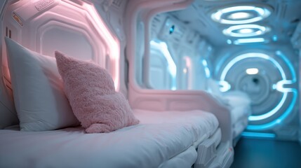 A sleek and futuristic sleep pod designed for comfort, featuring soft cushions and ambient lighting, reflecting the future of relaxation and personal space innovation.