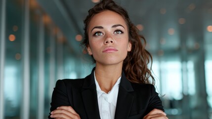 A poised businesswoman stands confidently with arms crossed, showcasing determination and professionalism in a contemporary office setting enriched by natural lighting.