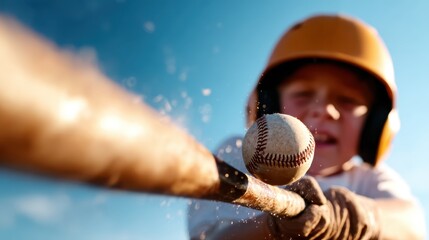 An enthusiastic young baseball player poised to swing at the baseball, capturing the spirit of youth, competition, and determination in a bright outdoor setting.