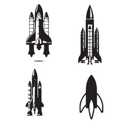 Set of missile spacecraft shuttle silhouettes. Suitable for logo, emblem, pattern, typography etc