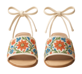 Embroidered sandals with ankle ties and a flat sole.