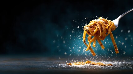 An enticing close-up of spaghetti elegantly twirled on a fork, topped with savory sauce and sprinkled with cheese, capturing the essence of fine Italian cuisine and dining.