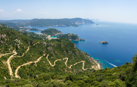 Zigzagging track leading down towards Paleokastritsa