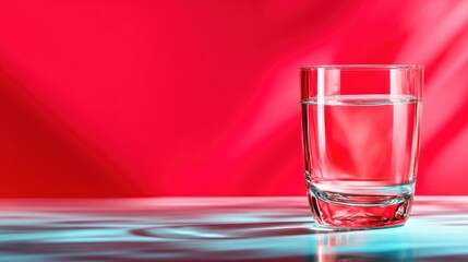 A crystal-clear glass filled with water is elegantly placed against a vibrant red backdrop, symbolizing purity, simplicity, and the fundamental essence of life.