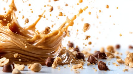 A dynamic splash of rich caramel and chocolate, surrounded by crushed nuts, showcases the artistry of culinary delights, engaging the viewer's senses with its vibrant colors.
