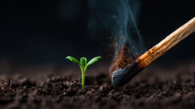 A small green seedling emerging from soil, illuminated by a lit matchstick creating a striking visual metaphor for growth, potential, and the power of igniting new ideas and beginnings.