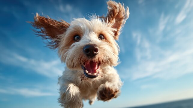 A joyful dog captured mid-leap against a vibrant blue sky, embodying pure happiness and excitement, making it a heartwarming image of pet playfulness.