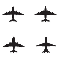 Black planes icon set isolated on white background. Aircraft silhouettes with turbines and propellers. Aircraft design for posters, banners and promotional items