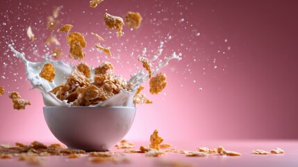 A dynamic bowl of cereal splashing milk, portraying the joy of breakfast and everyday moments, combined with a playful and energetic composition against a soft pink backdrop.
