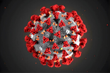 3D Rendering of Coronavirus COVID-19 Virus Particle with Red Spike Proteins on Dark Background