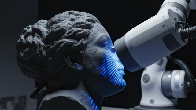Robot Arm Scanning Sculpture With Blue Laser Light in Dark Studio