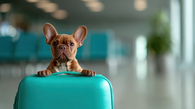 A charming French Bulldog rests atop a teal suitcase, eagerly waiting at an airport, exuding charm and a sense of adventure in a modern travel setting.