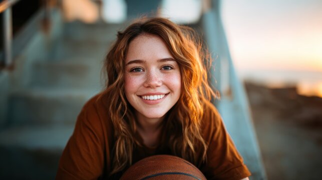 A cheerful girl holding a basketball captures the essence of youth and joy, set against an outdoor background that enhances the feeling of freedom and playfulness.