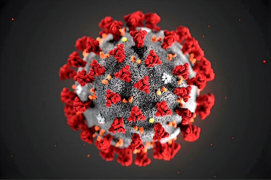 3D Rendering of Coronavirus COVID-19 Virus Particle with Red Spike Proteins on Dark Background - Powered by Adobe