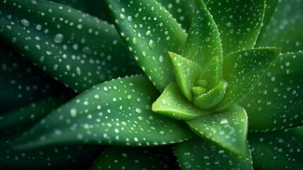 A green plant with droplets of water on it. The droplets are small and scattered, giving the plant a fresh and lively appearance