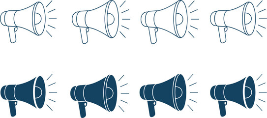 Set of Eight Megaphone Loudspeaker Icons, Outline and Glyph Styles, Important Communication Marketing Announcement Symbol, Navy Blue Vector Graphic Collection