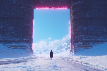 Majestic gateway framed by vibrant hues, leading to serene snowy landscape