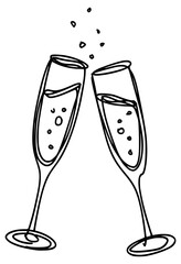 Two glasses of champagne with bubbles, toast, lineart sketch