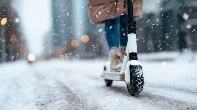 A person rides a scooter through a snow-covered street, capturing the essence of adventurous spirit while navigating winter conditions with stylish winter attire.