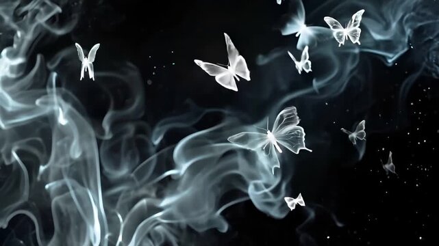 white butterflies and smoke against a black background with speckled stars.