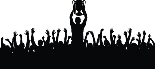Silhouette of champion holding trophy above crowd celebrating victory and success