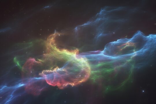 Colorful nebula in deep space, with swirling clouds of gas and dust illuminated by distant stars and cosmic light