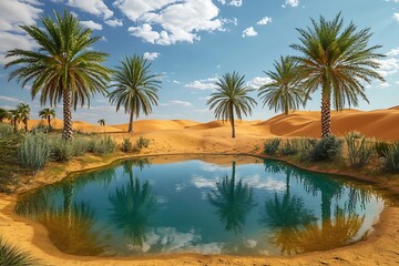 Obraz premium Desert oasis with palm trees reflecting in water