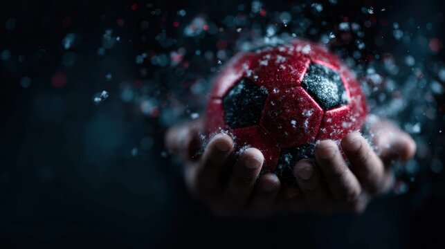 This powerful image depicts a soccer ball captured mid-air in an explosion of snow, showcasing the energy and excitement of sports against a dark, moody backdrop.