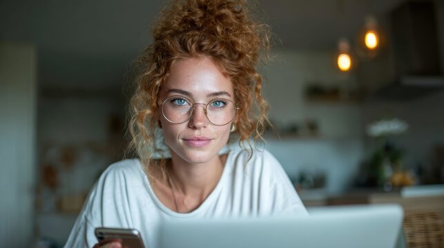 A young woman engaged in her work, using a laptop and smartphone, captured in a cozy, modern setting, exemplifying productivity and connection in today's digital age.