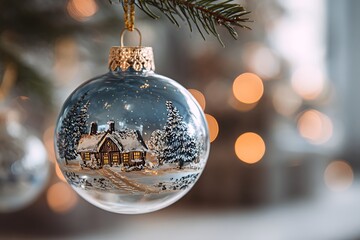 Christmas ornament hanging on tree branch recreating winter scene