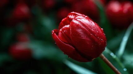 A close-up of a vibrant red tulip covered with delicate droplets of dew showcases the exquisite beauty of nature, perfect for capturing the essence of spring and renewal.