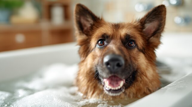 A joyful German Shepherd dog basking in bubbles while enjoying bath time in a bright, spacious tub, showcasing the special bond between pets and their owners.