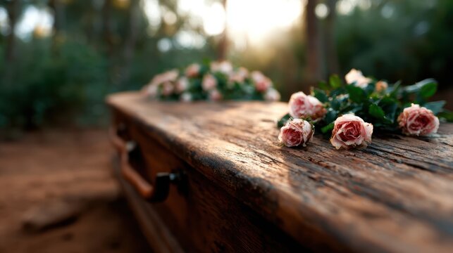 A poignant scene depicting a rustic wooden casket adorned with roses, evoking themes of remembrance, loss, and the beauty of life in a serene outdoor setting.