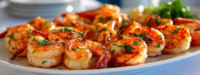A plate of shrimp is garnished with parsley and lemon. The shrimp are cooked and appear to be seasoned well