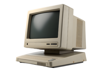 Vintage beige computer monitor and base isolated on transparent background