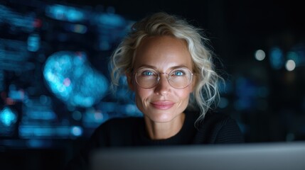 A woman with curly hair and glasses smiles while working late at night on her laptop, surrounded by abstract digital screens that highlight technological advancements.