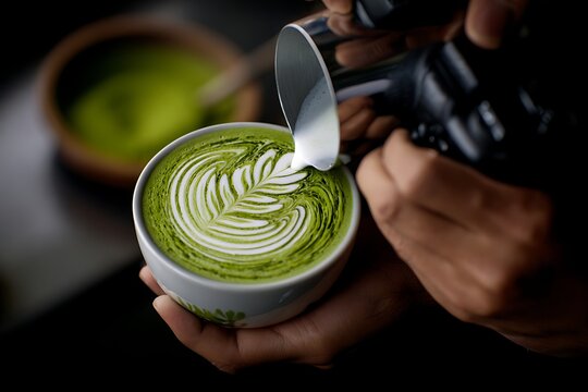 Barista making matcha latte art pouring milk foam