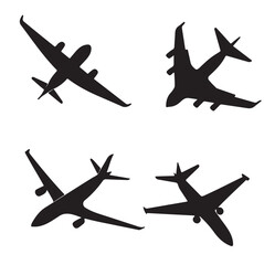 Airplane icons set. Black silhouettes of aircraft on white background