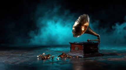 This vintage gramophone stands as a timeless symbol of music's history, exuding character and nostalgia against a moody, artistic backdrop, ready to enchant listeners.