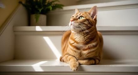 Majestic Orange Tabby Cat Lying on Stairs Looking Upwards in Sunlight