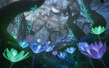 Enchanted forest with glowing lotus flowers and mystical lights creating a magical and serene atmosphere