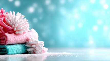 A neat stack of colorful towels adorned with decorative elements, resting on a bright surface against a soft blue background, creating a refreshing and rejuvenating ambiance.